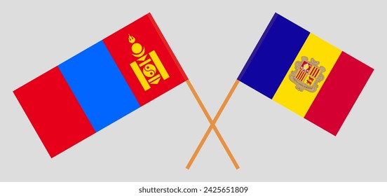 Crossed flags of Mongolia and Andorra. Official colors. Correct proportion. Vector illustration
