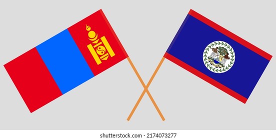Crossed flags of Mongolia and Belize. Official colors. Correct proportion. Vector illustration