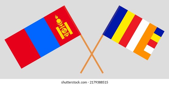 Crossed flags of Mongolia and Buddhism. Official colors. Correct proportion. Vector illustration
