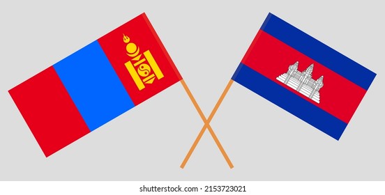 Crossed flags of Mongolia and Cambodia. Official colors. Correct proportion. Vector illustration
