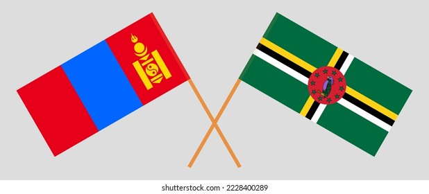 Überquerte Flaggen der Mongolei und Dominicas. Offizielle Farben. Richtiger Anteil. Vektorgrafik
