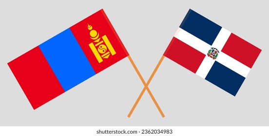 Crossed flags of Mongolia and Dominican Republic. Official colors. Correct proportion. Vector illustration
