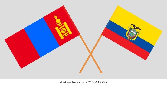 Crossed flags of Mongolia and Ecuador. Official colors. Correct proportion. Vector illustration
