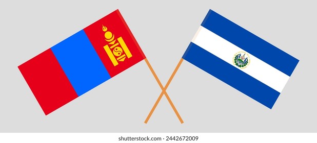 Crossed flags of Mongolia and El Salvador. Official colors. Correct proportion. Vector illustration
