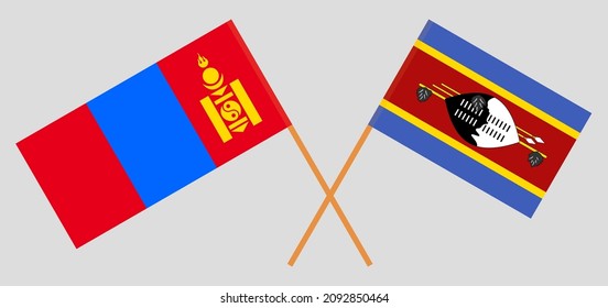 Crossed flags of Mongolia and Eswatini. Official colors. Correct proportion. Vector illustration
