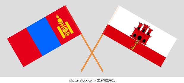 Crossed flags of Mongolia and Gibraltar. Official colors. Correct proportion. Vector illustration
