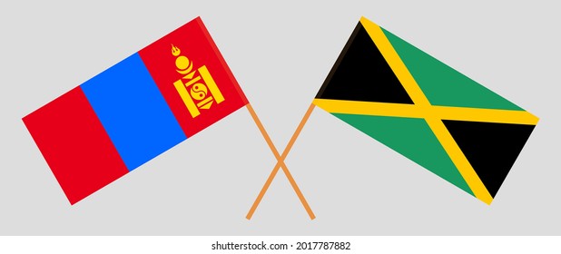 Banderas cruzadas de Mongolia y Jamaica. Colores oficiales. Proporción correcta
