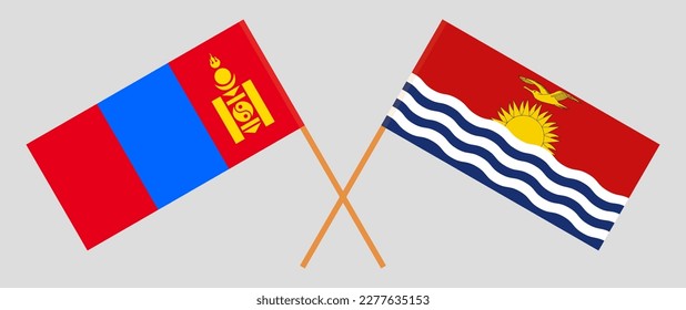 Crossed flags of Mongolia and Kiribati. Official colors. Correct proportion. Vector illustration