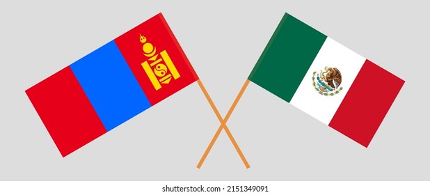 Banderas cruzadas de Mongolia y México. Colores oficiales. Proporción correcta. Ilustración del vector
