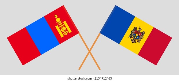 Crossed flags of Mongolia and Moldova. Official colors. Correct proportion. Vector illustration
