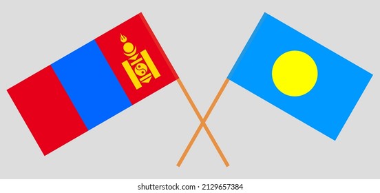 Banderas cruzadas de Mongolia y Palau. Colores oficiales. Proporción correcta. Ilustración del vector

