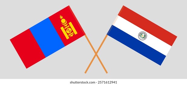 Crossed flags of Mongolia and Republic of Paraguay. Official colors. Correct proportion. Vector illustration.
