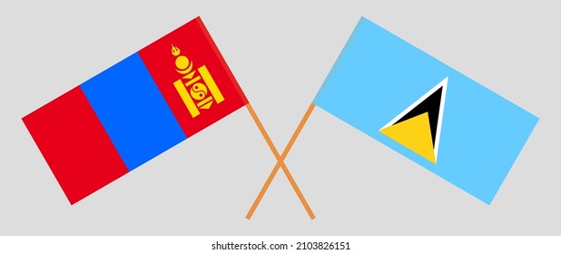 Überquerte Flaggen der Mongolei und Saint Lucia. Offizielle Farben. Richtiger Anteil. Vektorgrafik
