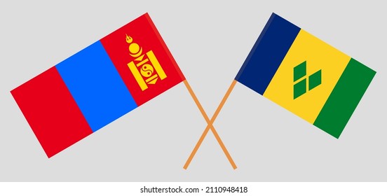 Crossed flags of Mongolia and Saint Vincent and the Grenadines. Official colors. Correct proportion. Vector illustration
