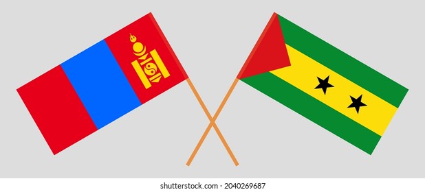 Crossed flags of Mongolia and Sao Tome and Principe. Official colors. Correct proportion