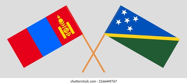 Gekreuzte Flaggen der Mongolei und der Salomonen. Offizielle Farben. Richtiger Anteil. Vektorgrafik
