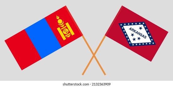 Banderas cruzadas de Mongolia y el Estado de Arkansas. Colores oficiales. Proporción correcta. Ilustración del vector
