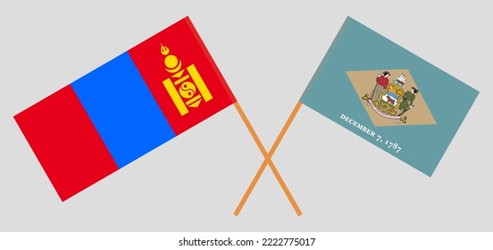 Crossed flags of Mongolia and The State of Delaware. Official colors. Correct proportion. Vector illustration
