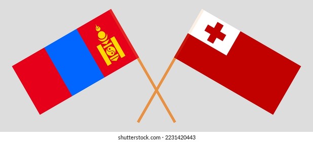 Crossed flags of Mongolia and Tonga. Official colors. Correct proportion. Vector illustration
