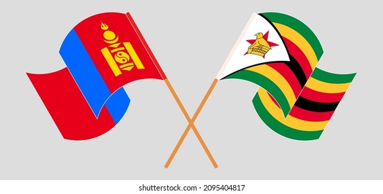 Crossed flags of Mongolia and Zimbabwe. Official colors. Correct proportion. Vector illustration
