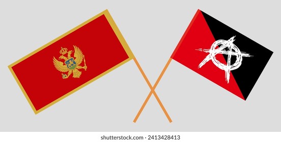 Banderas cruzadas de Montenegro y anarquía. Colores oficiales. Proporción correcta. Ilustración del vector
