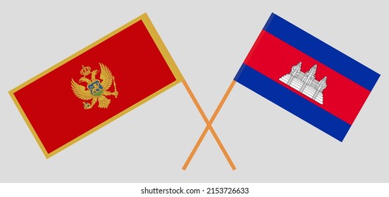 Crossed flags of Montenegro and Cambodia. Official colors. Correct proportion