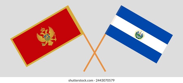 Crossed flags of Montenegro and El Salvador. Official colors. Correct proportion. Vector illustration
