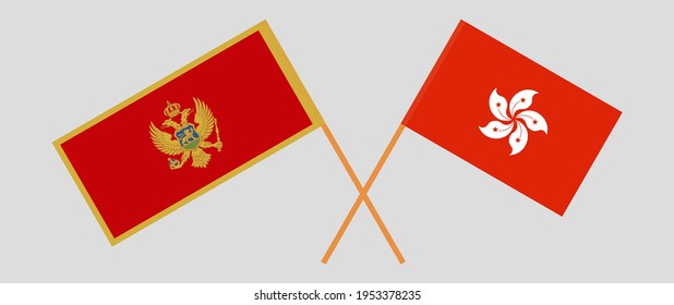 Crossed flags of Montenegro and Hong Kong. Official colors. Correct proportion