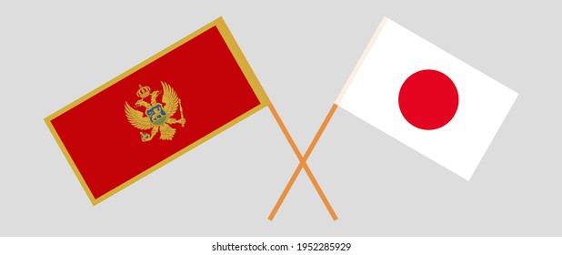 Crossed flags of Montenegro and Japan. Official colors. Correct proportion
