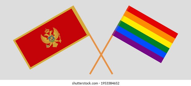 Crossed flags of Montenegro and LGBTQ. Official colors. Correct proportion