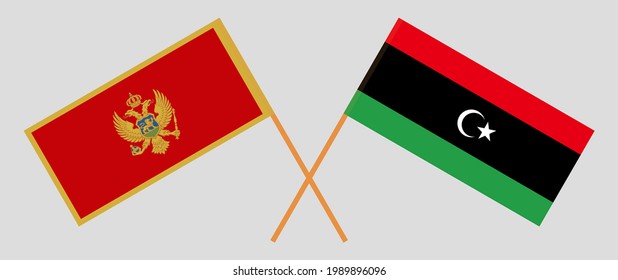 Gekreuzte Flaggen von Montenegro und Libyen. Offizielle Farben. Richtiger Anteil