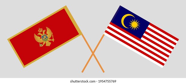 Crossed flags of Montenegro and Malaysia. Official colors. Correct proportion