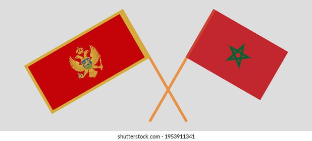 Crossed flags of Montenegro and Morocco. Official colors. Correct proportion