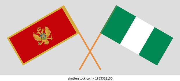 Crossed flags of Montenegro and Nigeria. Official colors. Correct proportion