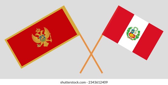 Crossed flags of Montenegro and Peru. Official colors. Correct proportion. Vector illustration
