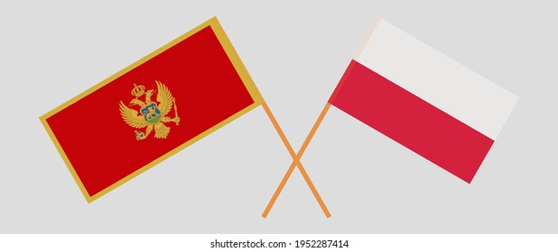 Crossed flags of Montenegro and Poland. Official colors. Correct proportion