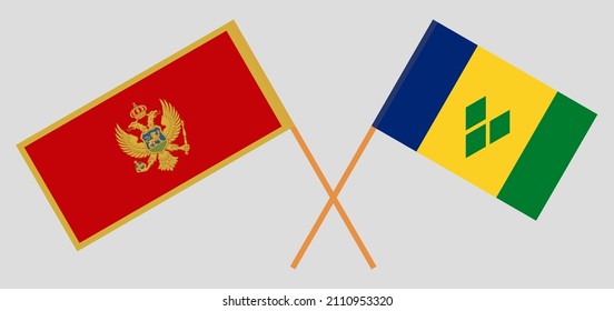 Crossed flags of Montenegro and Saint Vincent and the Grenadines. Official colors. Correct proportion. Vector illustration
