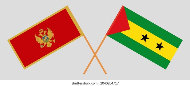 Crossed flags of Montenegro and Sao Tome and Principe. Official colors. Correct proportion