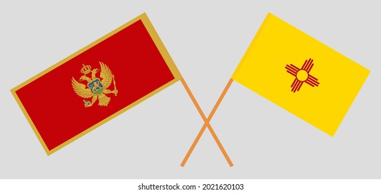 Crossed flags of Montenegro and the State of New Mexico. Official colors. Correct proportion
