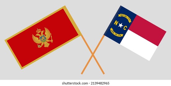 Crossed flags of Montenegro and The State of North Carolina. Official colors. Correct proportion. Vector illustration
