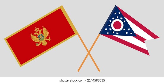 Überquerte Flaggen Montenegros und des Staates Ohio. Offizielle Farben. Richtiger Anteil. Vektorgrafik
