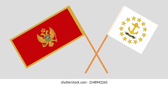 Crossed flags of Montenegro and the State of Rhode Island. Official colors. Correct proportion. Vector illustration
