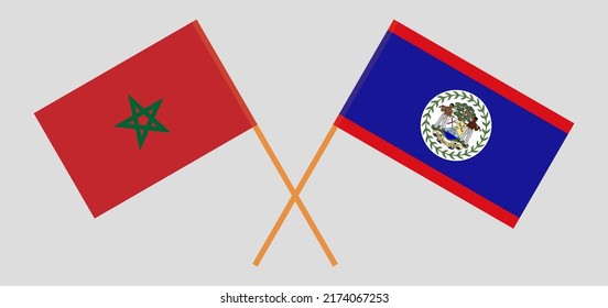 Banderas cruzadas de Marruecos y Belice. Colores oficiales. Proporción correcta. Ilustración del vector
