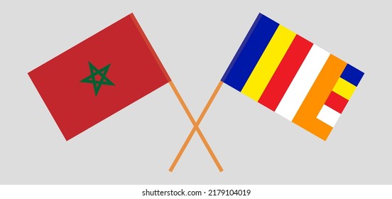 Crossed flags of Morocco and Buddhism. Official colors. Correct proportion. Vector illustration
