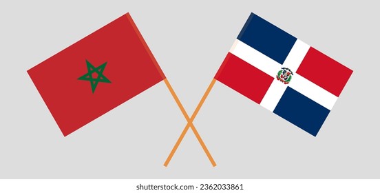 Crossed flags of Morocco and Dominican Republic. Official colors. Correct proportion. Vector illustration
