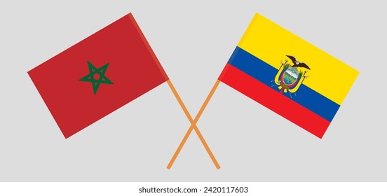 Crossed flags of Morocco and Ecuador. Official colors. Correct proportion. Vector illustration
