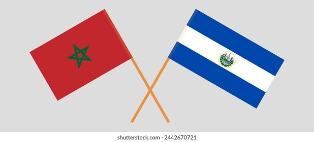 Crossed flags of Morocco and El Salvador. Official colors. Correct proportion. Vector illustration
