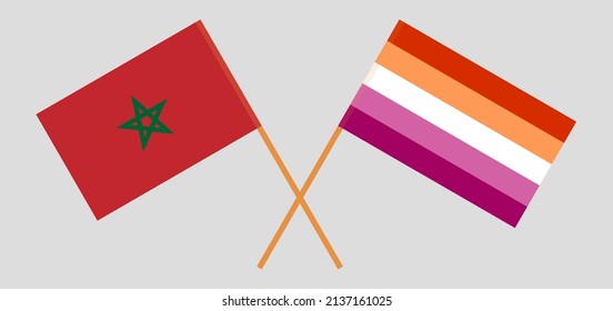 Crossed flags of Morocco and Lesbian Pride. Official colors. Correct proportion. Vector illustration
