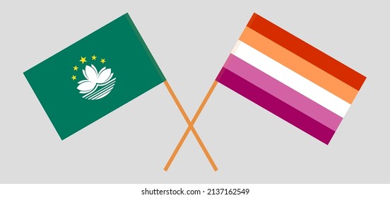 Crossed flags of Morocco and Lesbian Pride. Official colors. Correct proportion. Vector illustration
