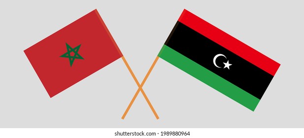 Crossed flags of Morocco and Libya. Official colors. Correct proportion
